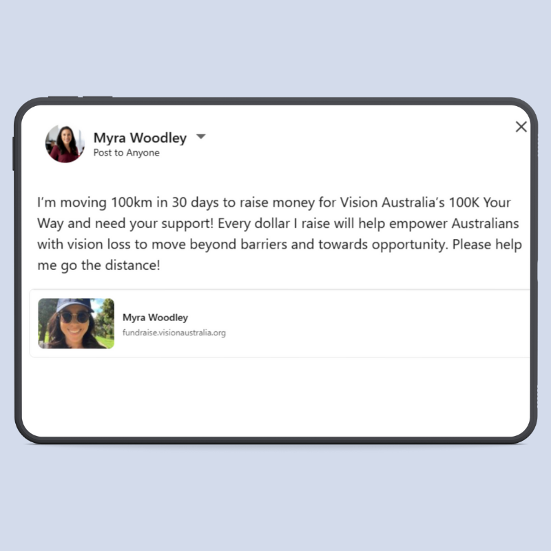 A screenshot of the Facebook share function that illustrates the Get Support social media icons on your fundraising dashboard once logged in. 