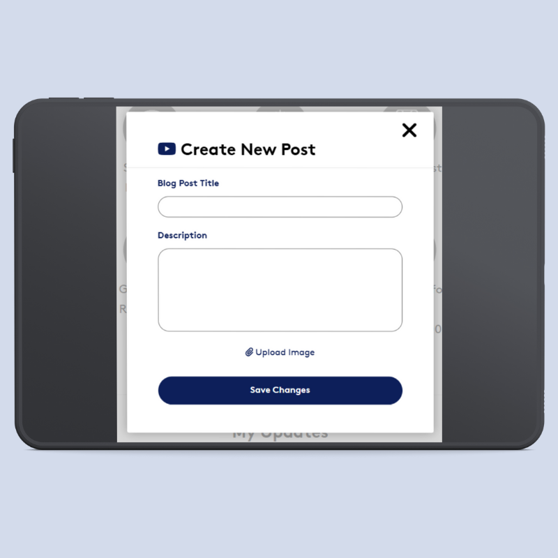 A screenshot of your dashboard when you create a new post with blog post title, description and upload image options.