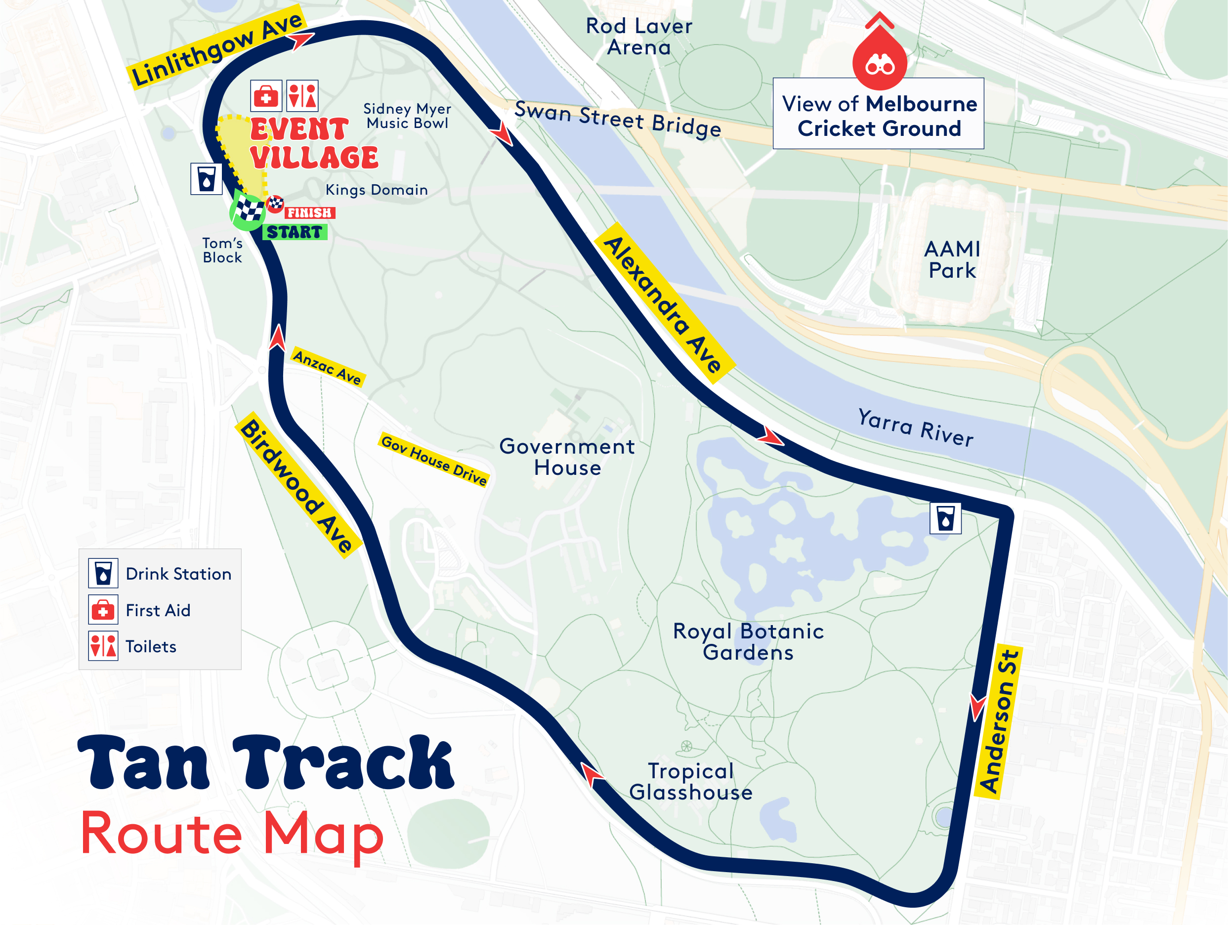 Map marking Santa Fun Run route around the Tan Track