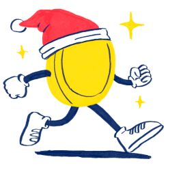 Ilustration of a gold coin wearing a Santa hat, walking