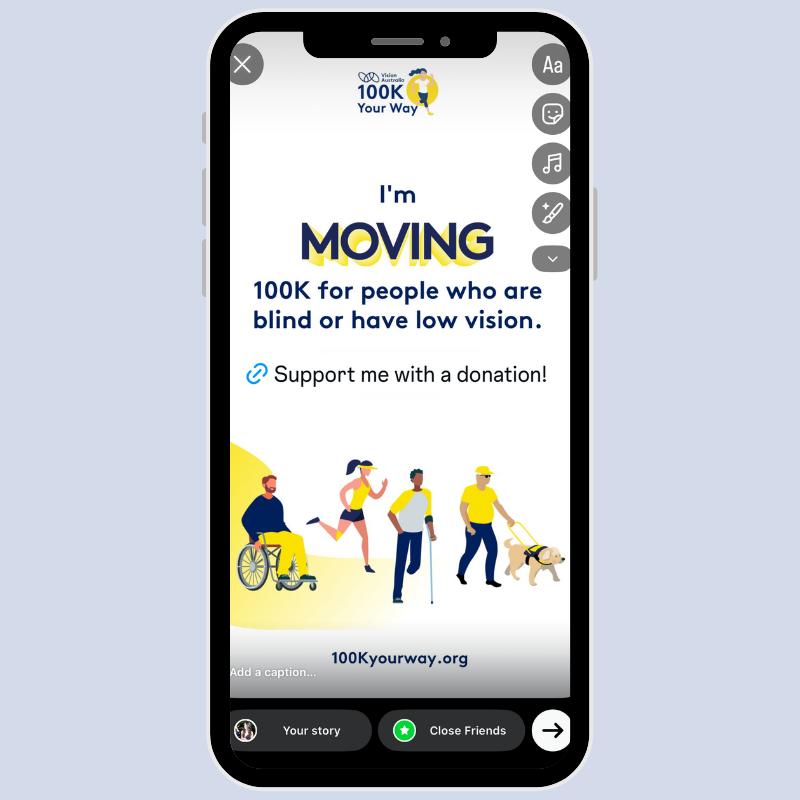 Final screenshot of an Instagram Story with a personalised fundraising link sticker attached.