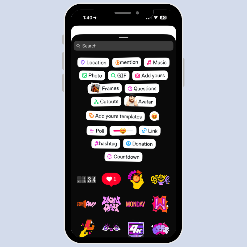 Screenshot of Instagram Story stickers, including the Link button with a paperclip icon.