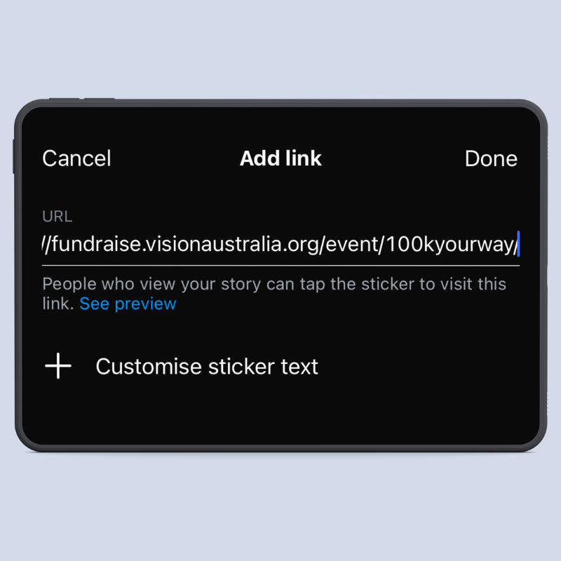Screenshot of adding a link to an Instagram Story sticker.