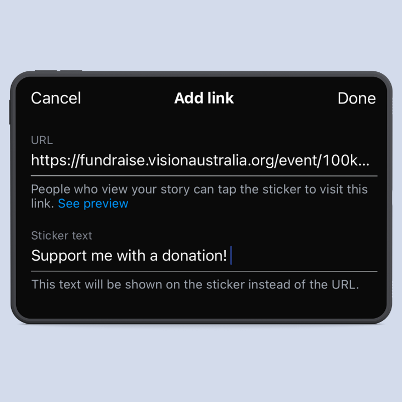 Screenshot of customising the text of an Instagram link by updating the Sticker text.