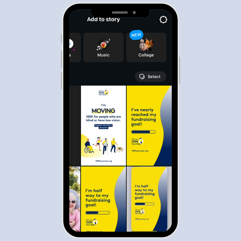 Screenshot of camera roll adding a 100K Your Way image to an Instagram Story