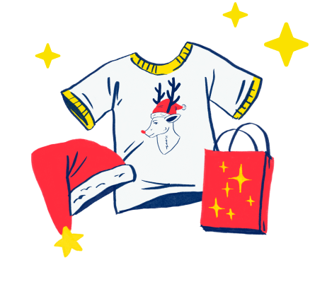 Illustrated reindeer t-shirt, santa hat and gift bag surrounded by stars