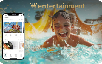 iphone showing Entertainment app on top of a photo of a kid on a waterslide
