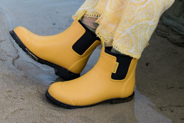 Close up of someone wearing yellow Merry People boots