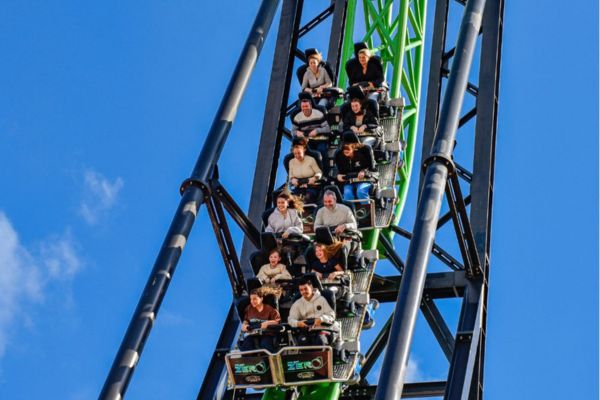 People sitting in a rollercoaster as it moves