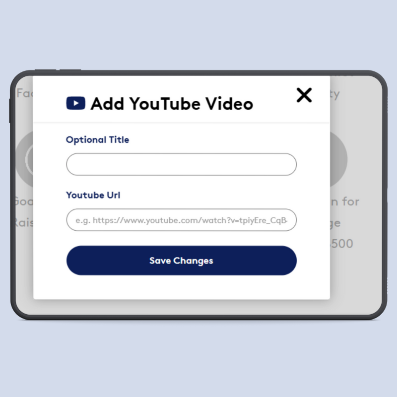 A screenshot of your dashboard when you add a Youtube Video with an optional title and Youtube URL. 