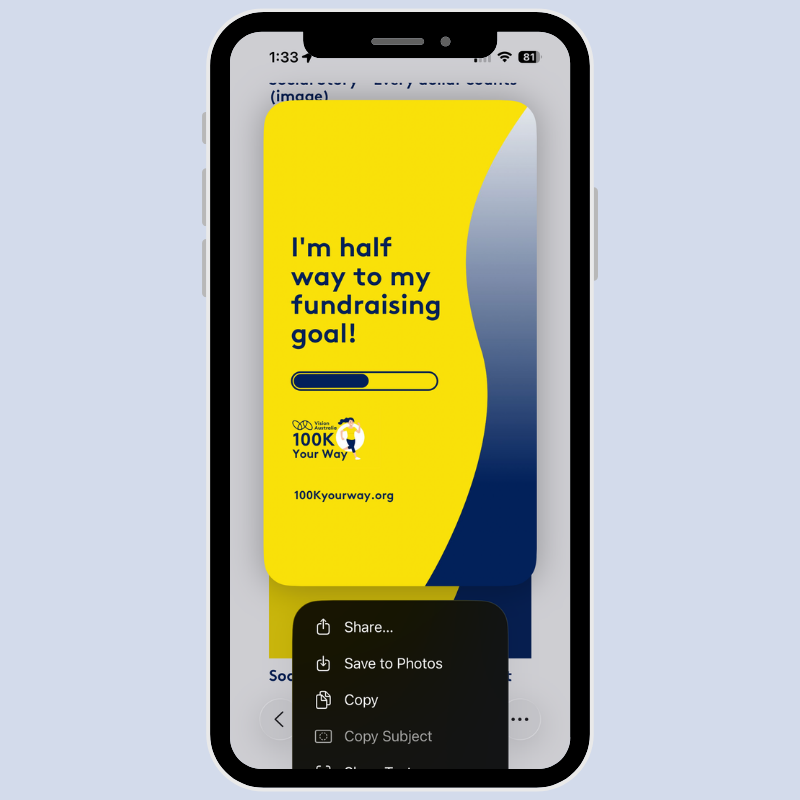 Screenshot of an iPhone downloading an Instagram Story image featuring the text 'I'm half way to my fundraising goal'